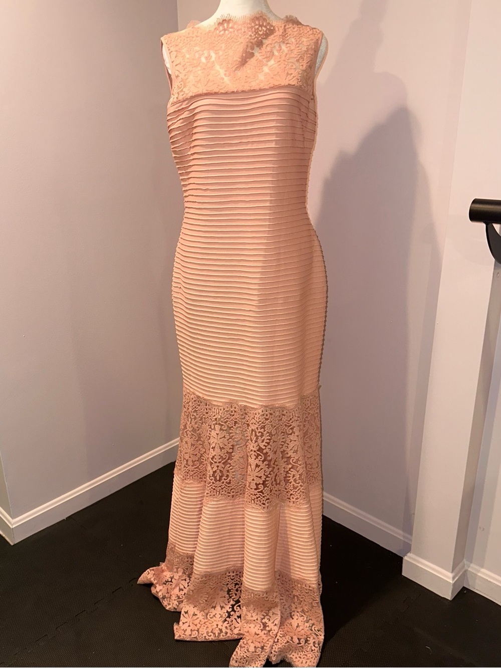 Tadashi Shoji Blush Pink Lace-Trim Maxi Gown